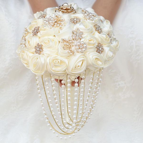 

wedding flowers eillyrosia cream white brooch bridal bouquet with pearls tassel satin silk roses customized color fast