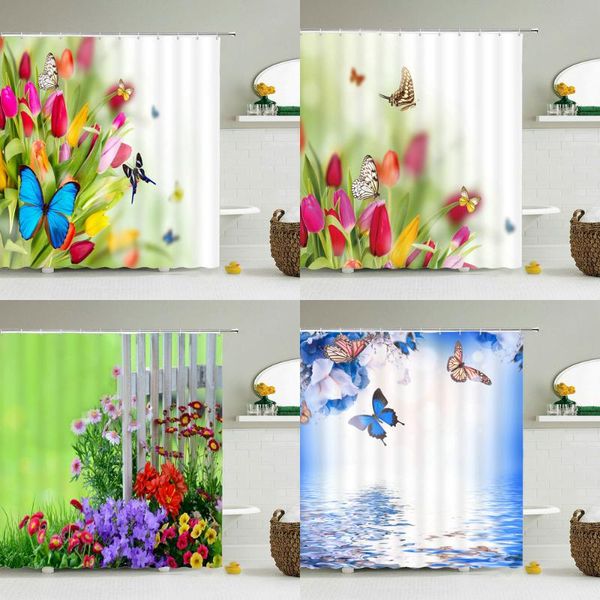 

shower curtains 3d fresh flowers butterfly waterproof curtain with hooks bathroom bath bathing sheer home decor