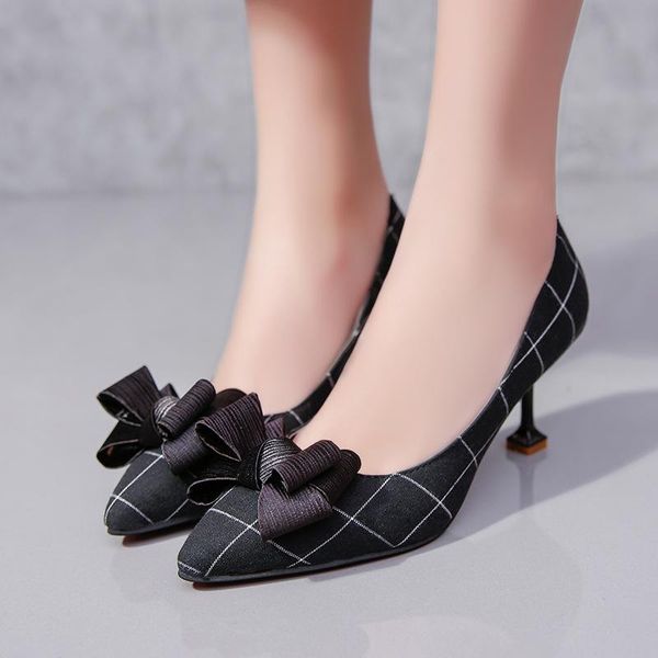 

spring women's shoes bowknot shallow mouth single female professional plaid wine glass with pointed high heels dress, Black