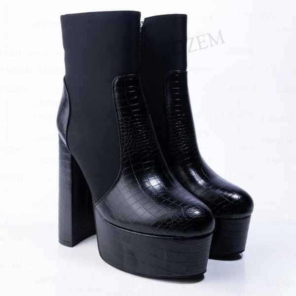 

boots dohbaner women ankle platform black patchwork thick heels block booties femmes bottes ladies shoes woman plus size 38 43