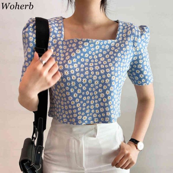 Quadratischer Kragen Puffärmel Hemd Frauen Koreanische Chic Floral Daisy Print Crop Top Bluse Sommer Casual All Match Blusas 210422