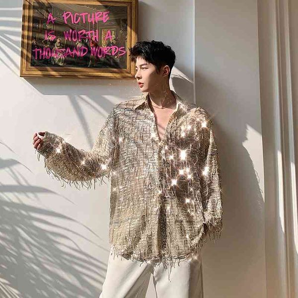 

very fairy sequin falling feeling men's ins net red korean version trend bright face shirt ruffian handsome senior hairdresser, White;black