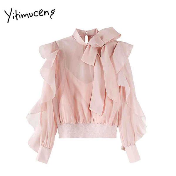 Yitimuceng falso 2 peças blusa mulheres babados arco lace up doce camisas sólidas primavera verão coreano moda chiffon 210601