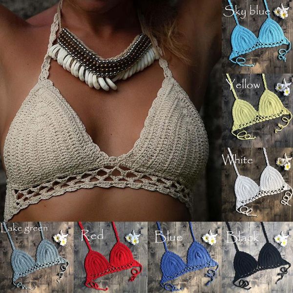 

women's knit bikini crochet women boho swimsuit padded lace beachwear halter knitted bikinis bathing suit 0310 two-piece suits