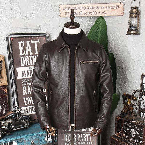 

men's leather & faux cow clothes slim fit short jeans jacket used tea core two-color black red brown motorcycle