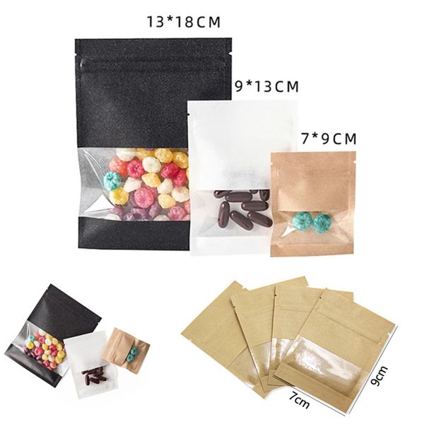 100 pz / lotto Kraft Paper Window Bag Self Seal Sacchetti per la conservazione degli alimenti Zipper Packing Pouch Imballaggio in plastica richiudibile
