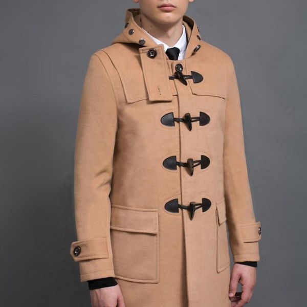 

preppy style mens fashion claw button mid long coat woolen blends hoody dust coats casual slim fit male wool trench overcoat 6xl men's, Black