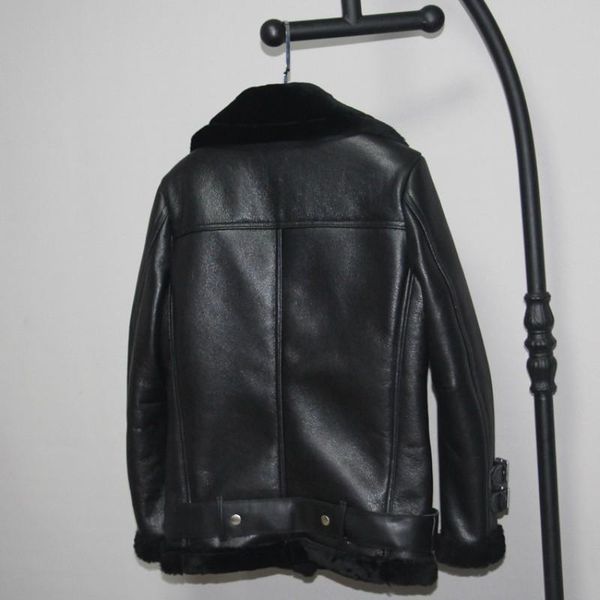 

women's fur & faux luxury loose fit belt biker jacket female winter thick warm shearling genuine leather short coat brand zipper real o, Black