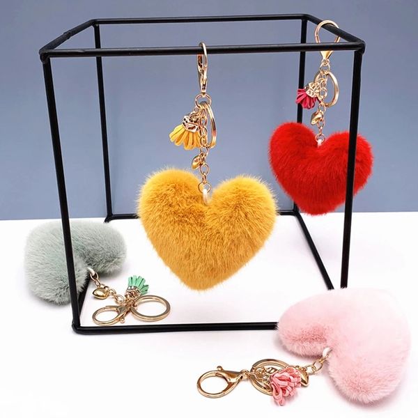 

cute heart-shaped plush imitation mink fur with tassel keychain car holder bag pendant keyfob trinket gift female girl keyring, Silver