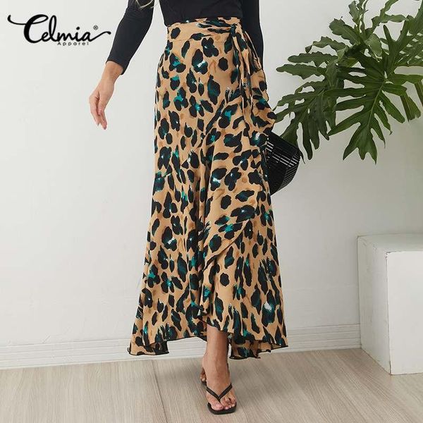 

women bohemian skirts celmia fashion leopard print high waist split long skirt casual belted asymmetrical beach plus size, Black