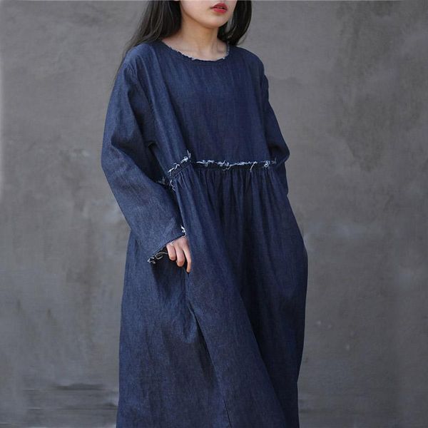 

casual dresses nefeilike 2021 autumn women solid color patchwork burr simple loose o-neck high waist long denim, Black;gray