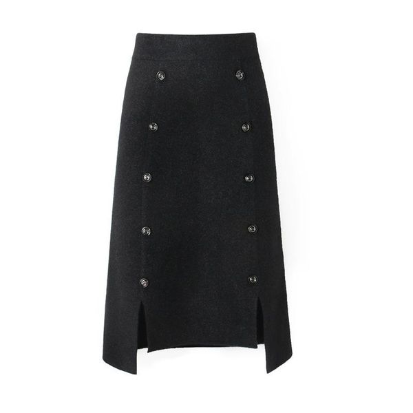 

skirts 2021 spring thick knitted wool skirt mid long irregular double breasted office lady's basic autumn winter femme, Black