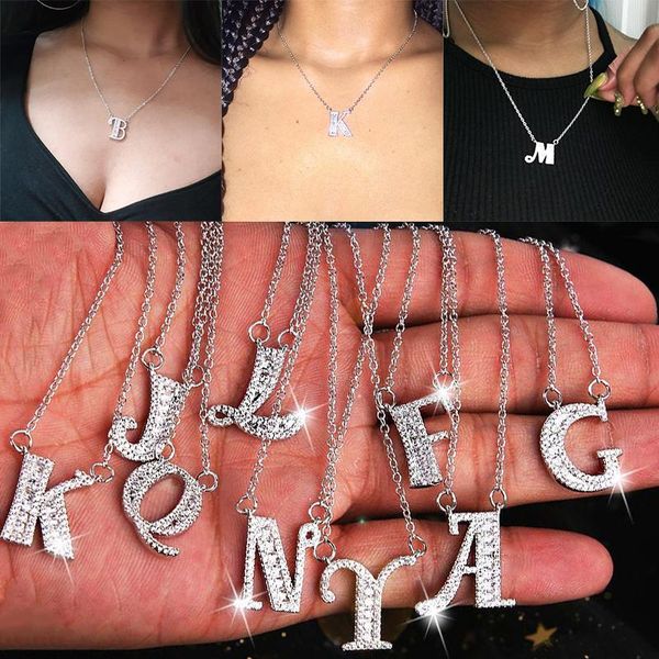 

pendant necklaces fashion alphabet necklace 1pc crystal golden adjustable zircon 26 letters shiny cubic zirconia stone jewelry, Silver