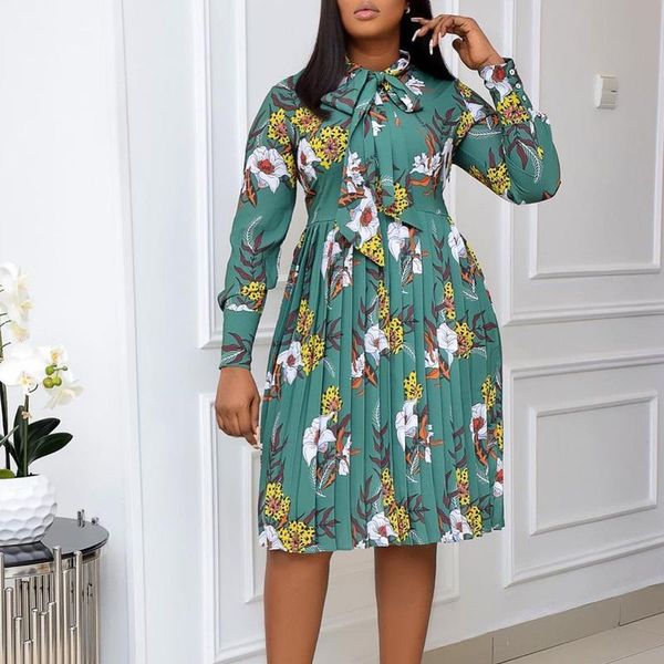 

casual dresses vintage women long sleeve bowtie neck floral print dress elegant pleated midi, Black;gray