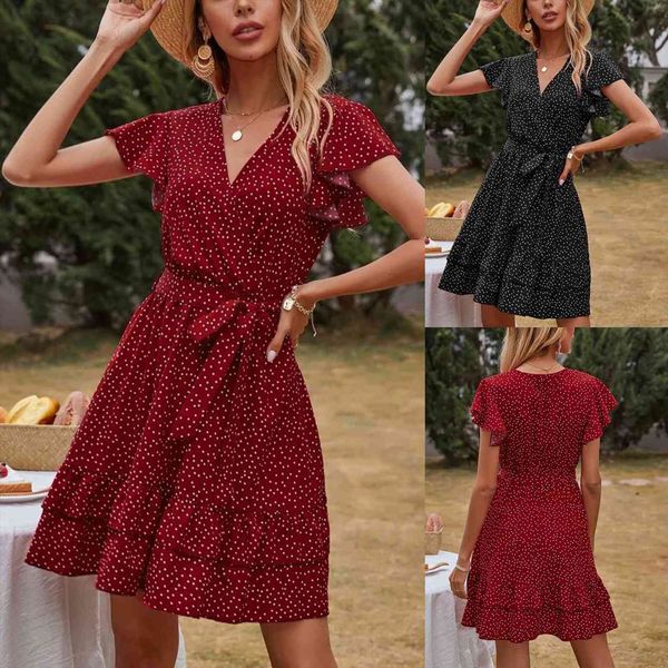 

summer bohemian dot print pattern women dresses casual fashion shirt collar belt waisted v neck ruffles design loose dress, Black;gray