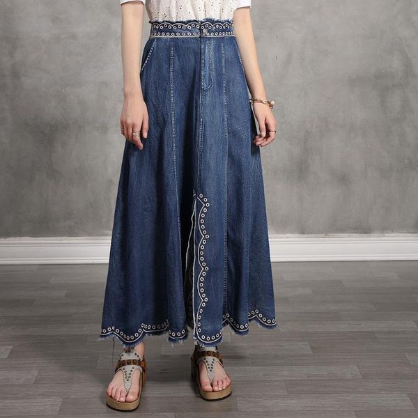 

skirts johnature 2021 summer retro embroidery pockets denim front slit loose comfortable fashion all-match women half skirt, Black