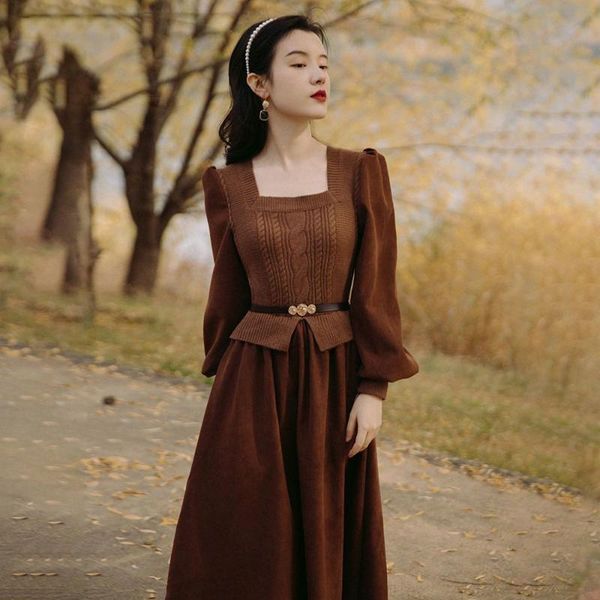

casual dresses winter long puff sleeve dress for women knit drape swing midi square neck crochet patchwork vintage, Black;gray