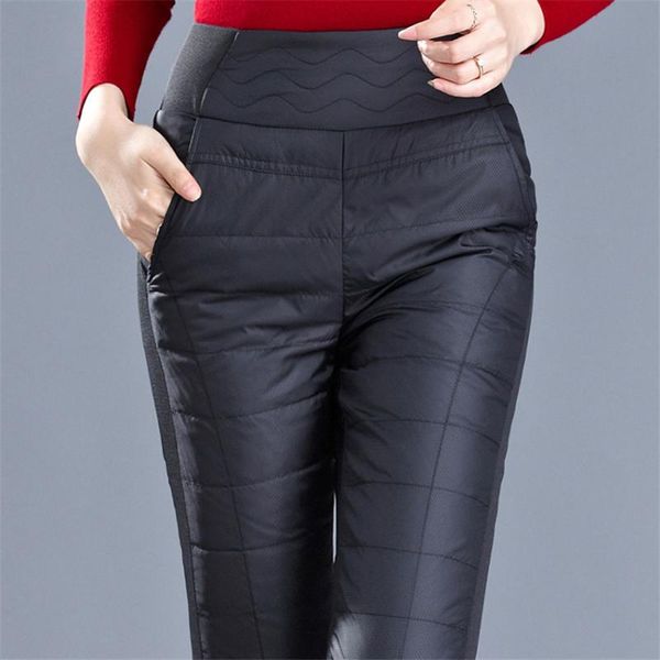 

women's pants & capris gowyimmes winter warm pant fashion women down big size elatic waist s-4xl trousers lady high waisted black penci, Black;white