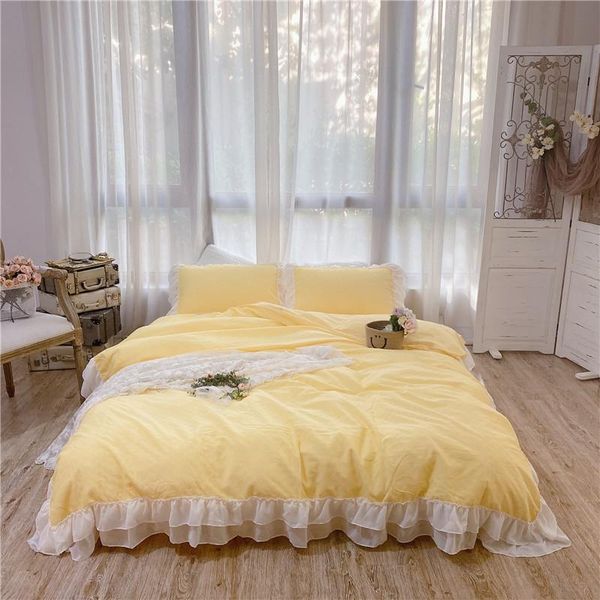 

bedding sets pure color lace design yarn-dyed jacquard washed cotton set duvet cover bed linen fitted sheet pillowcases home textiles