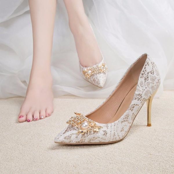 

dress shoes brand designer luxury pearls rhinestone women pumps lace mouth pointed elegant ladies high thin heels wedding, Black
