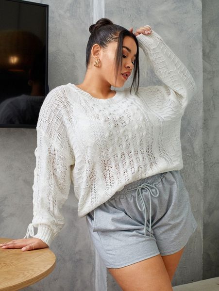 

plus cable knit drop shoulder sweater l7yb#, Black