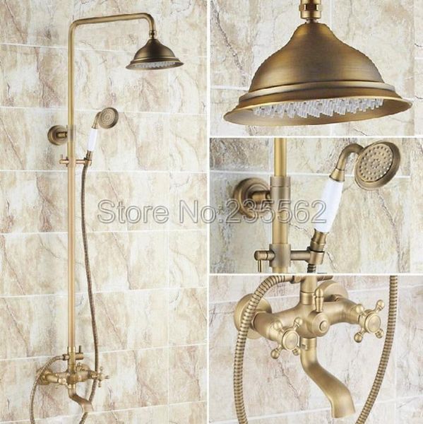 

antique brass rainfall shower head bathroom rain faucet set + bath tub mixer tap wall mounted lrs124 sets