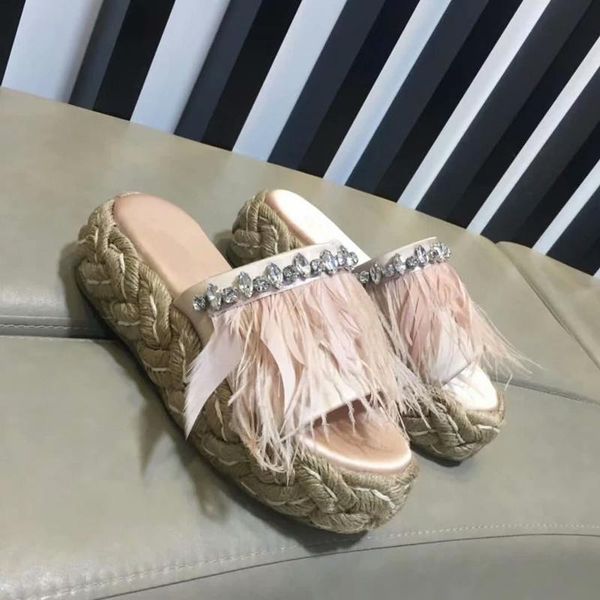 

slippers women summer zapatos de mujer rhinestone feather shoes soft leather platform sandals casual wear, Black