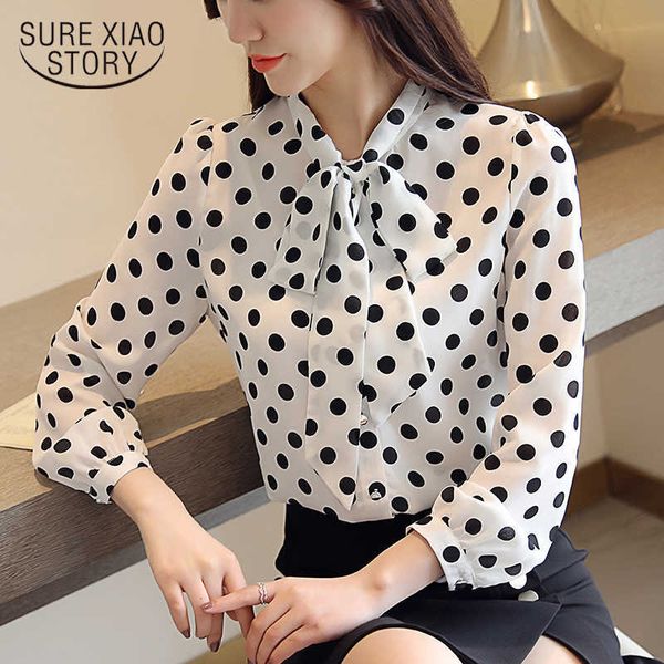 

spring fashion bow collar long sleeve shirts chiffon polka dot women blouse blusas mujer de moda female clothes 8011 50 210528, White