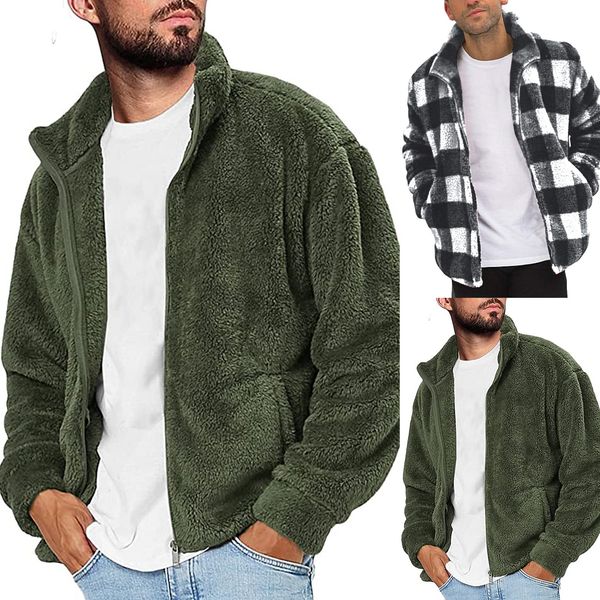 

men's jackets winter plaid jacket men thicken warm fleece fuzzy sherpa casual stand collar zip up outwear coat chaquetas hombre, Black;brown