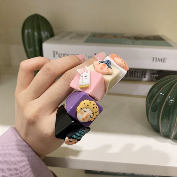 

cartoon band rings british style niche design acrylic joint-ring retro simple unique resin figure avatar stack non-fading cute and funny ani, Silver