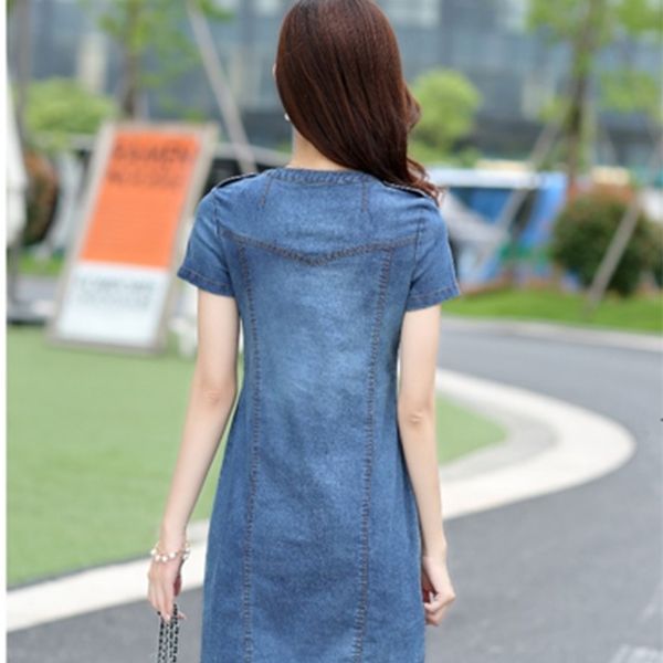 

new arrival summer women denim dresses short sleeves loose a-word dresses plus sizes v-neck solid denim dresses robe femme 176a, Black;gray