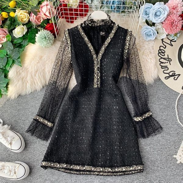

Suit Lace Bottoming Shirt Tweed Women Dress Beaded V Neck Vest Above Knee A Line Two Piece Set Vestidos Ml407, Black;gray