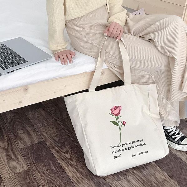 

evening bags women canvas shoulder bag jean- sartre rose embroidery shopping cotton cloth handbag tote books for college girls