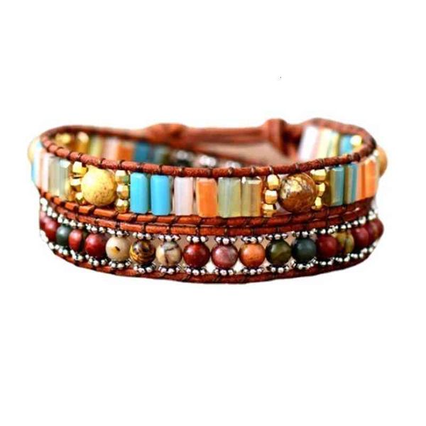 

bangles bracelets leather 2-ring winding natural stone crystal bracelet hand woven bohemian, Black