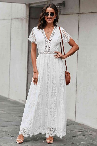 

casual dresses women elegant lace embroidery es short sleeve v-neck crochet hollow summer maxi white party long casual prom e, Black;gray