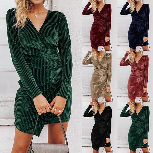 

casual dresses 2021 women party dress spring autumn v-neck long sleeve corduroy bodycon clubwear female slim mini vestidos, Black;gray