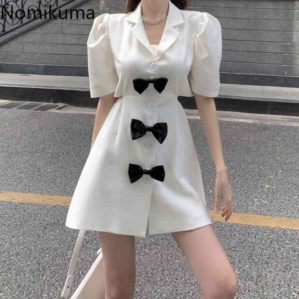 

nomikuma summer dress korean single-breasted slim waist bow knot decoration dresses women contrast color vestidos mujer 210514, Black;gray