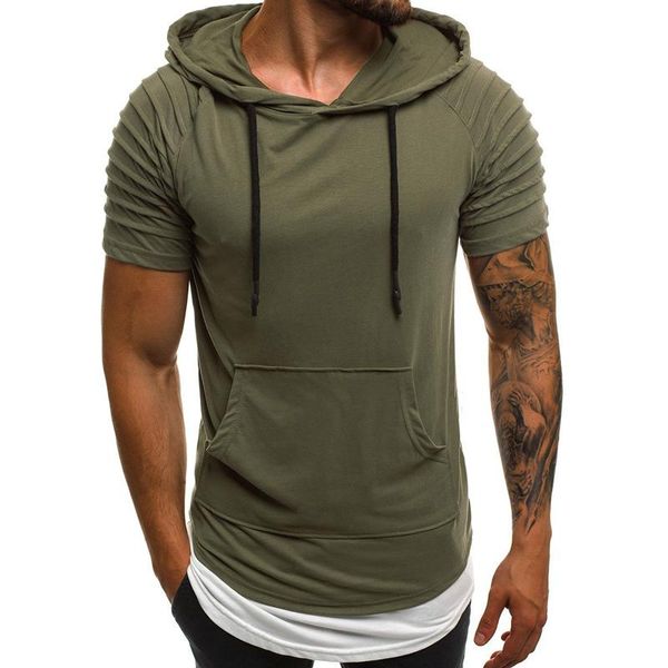 

men's hoodies & sweatshirts 2021 summer pure color hoodie casual fashion short sleeve pleated slim retro streetwear large size 3xl, Black