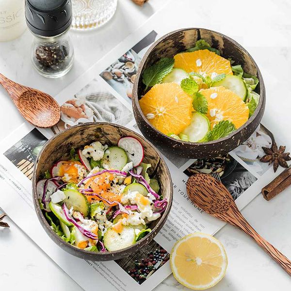 

natural coconut bowl wooden spoon fruit salad noodles rice ice cream wood art crafts decoration cutlery set bowls