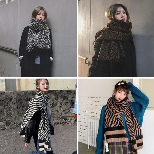 

hats, scarves & gloves sets fashion women winter imitation cashmere scarf warmth shawl dual-use knitted zebra pattern famale autumn, Blue;gray