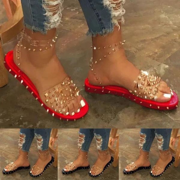 

sandals women summer 2021 transparent buckle glittering slippers flat roman shoes with rivets women's ankle straps punk, Black