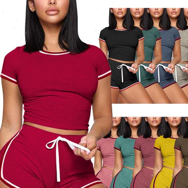 

women tracksuits short sport suit two pieces 13 colors o neck crop and pants leisure cotton palysuit summer clothing, Gray