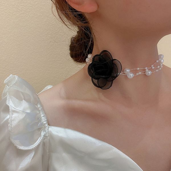 

gauze flower pearl necklace french forest temperament fashion clavicle chain simple personality net red fresh neck girl, Black
