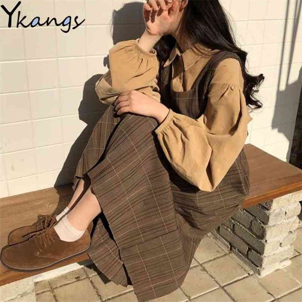 Frauen Herbst 2PCS Set Vintage Koreanische Hohe Taille Plaid Preppy Stil Brace Strap A-Linie Plissee Kleid Puff Sleeve top Bluse Shirt 210421