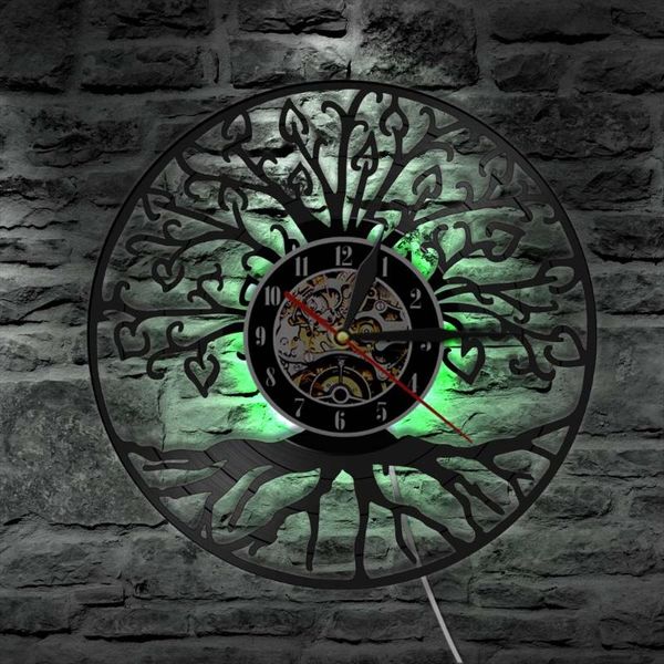 

vintage tree of life record wall clock led lights on the art home decor non-ticking silent hanging watch lamp
