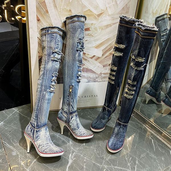 

boots womens pointed toe denim jeans ripped over the knee thigh stilettos high heel shoes real leather luxury long slim, Black