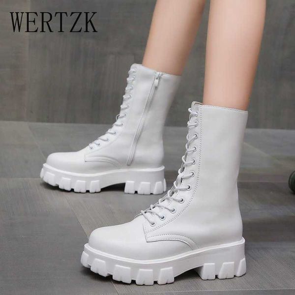 Moda Mulheres Cross Strap Pu Botas de Couro Outono Inverno Joelho Alto Botas Senhoras Espessura Plataforma Sola Botas Mujer Mid-bezerro Branco Y0914