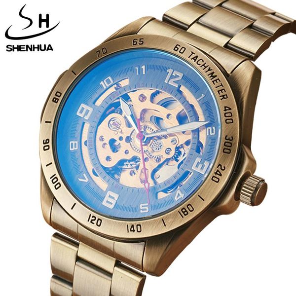 

mens automatic skeleton mechanical watches for males retro bronze steampunk full steel wristwatches gifts, Slivery;brown