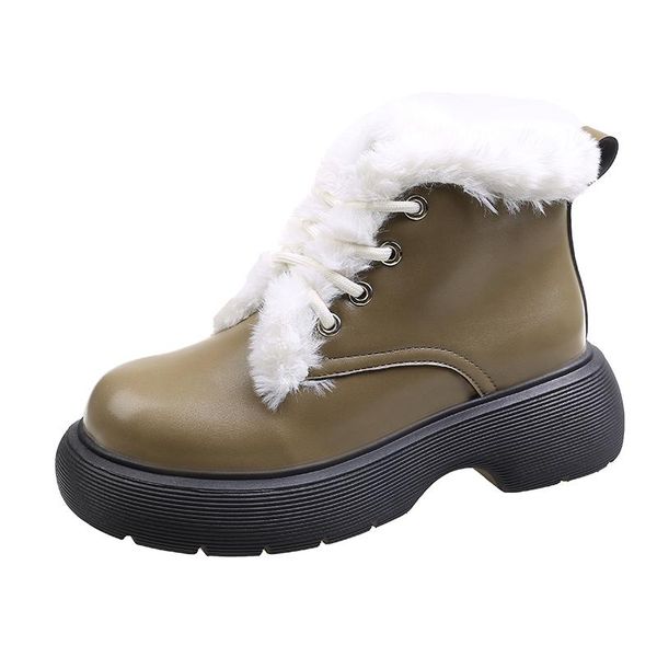 

boots 2022 women motorcycle winter warm plus plush round toe genuine leather shoes lace up ankle zapatillas mujer, Black