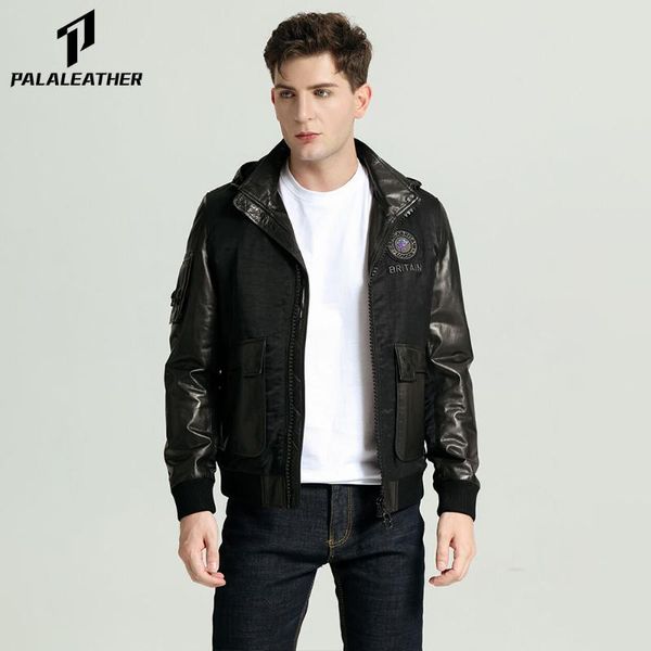 

detachable embroidered appliqued minimal goatskin leather jacket men's & faux, Black
